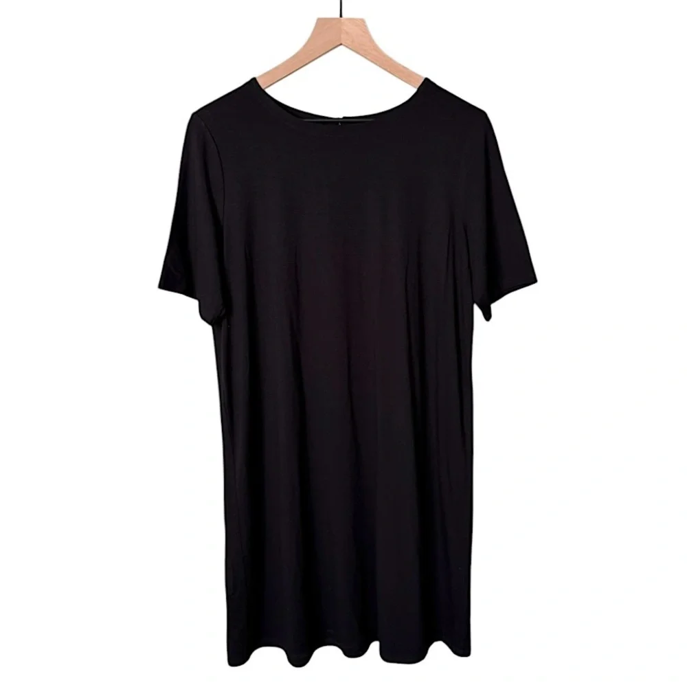 Eileen Fisher Short Sleeve Crewneck Keyhole Back Dress Black‎ Size Petite Large